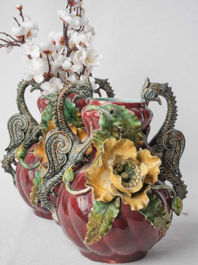 Striking Art Nouveau Pair Of Majolica Vases W/ Poppies and Dragon Handles Circa 1900 - 10¾"