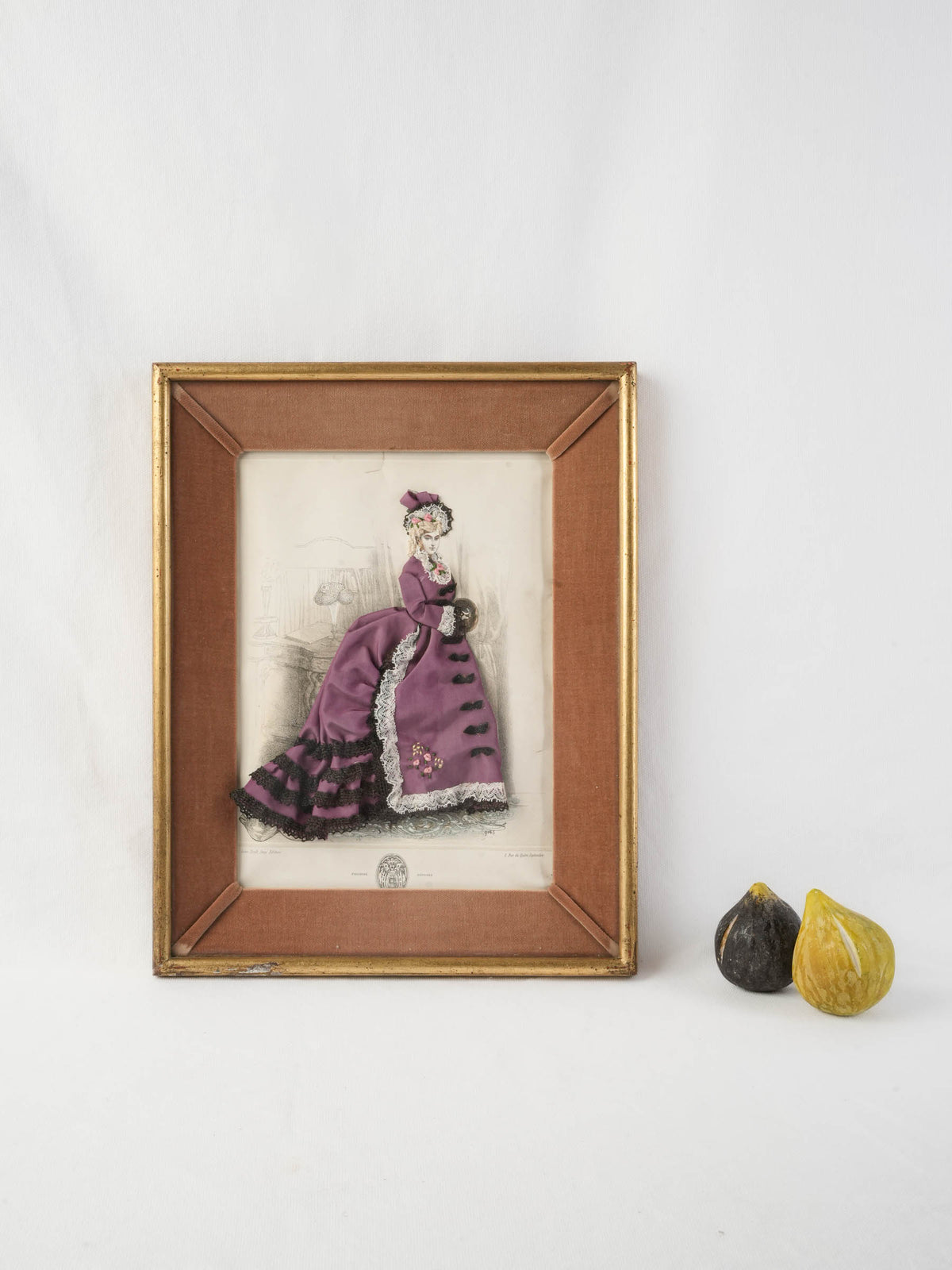 Late 19th-Century French Dressed Fashion Engraving of a Lady in Mauve - 15¾" x  12½"