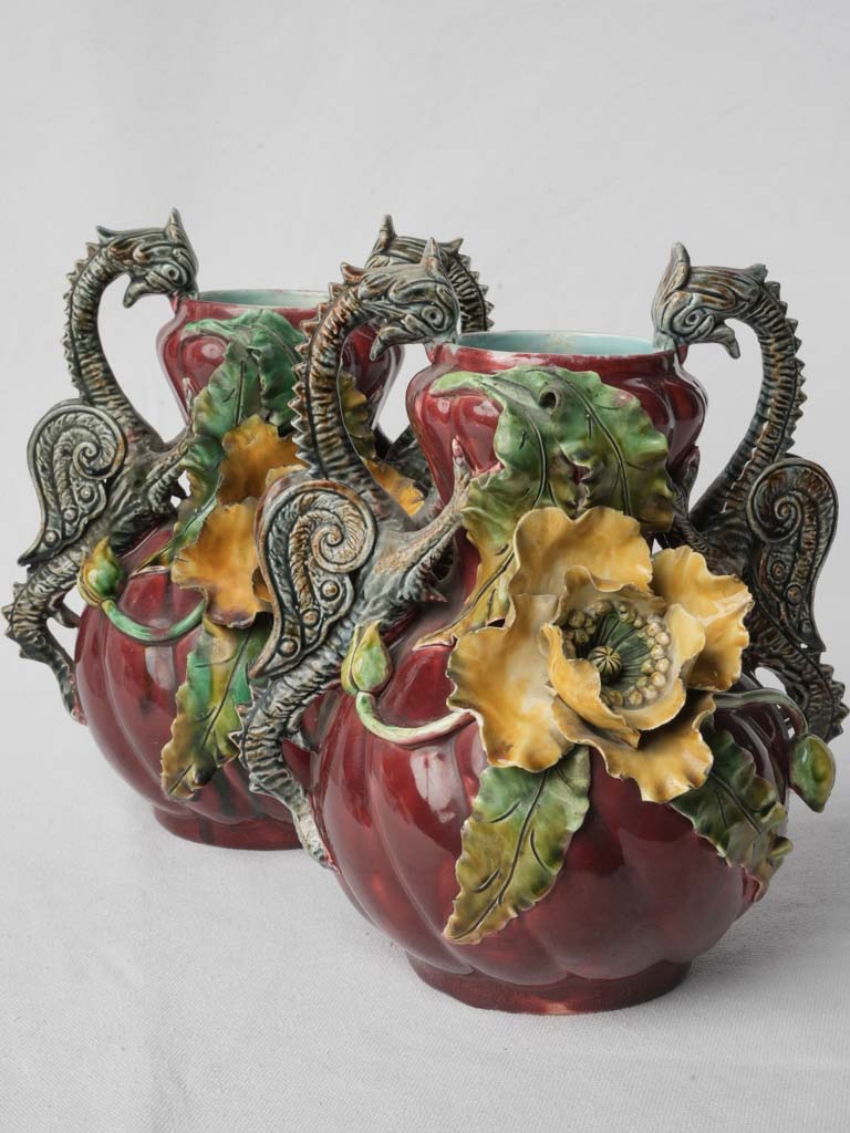 Striking Art Nouveau Pair Of Majolica Vases W/ Poppies and Dragon Handles Circa 1900 - 10¾"