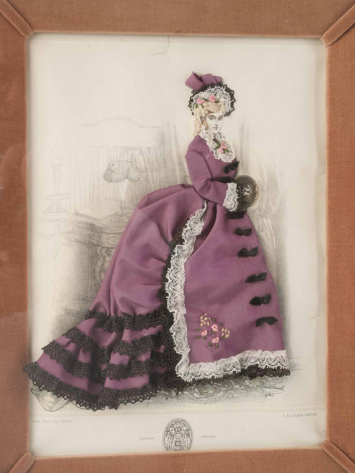 Late 19th-Century French Dressed Fashion Engraving of a Lady in Mauve - 15¾" x  12½"