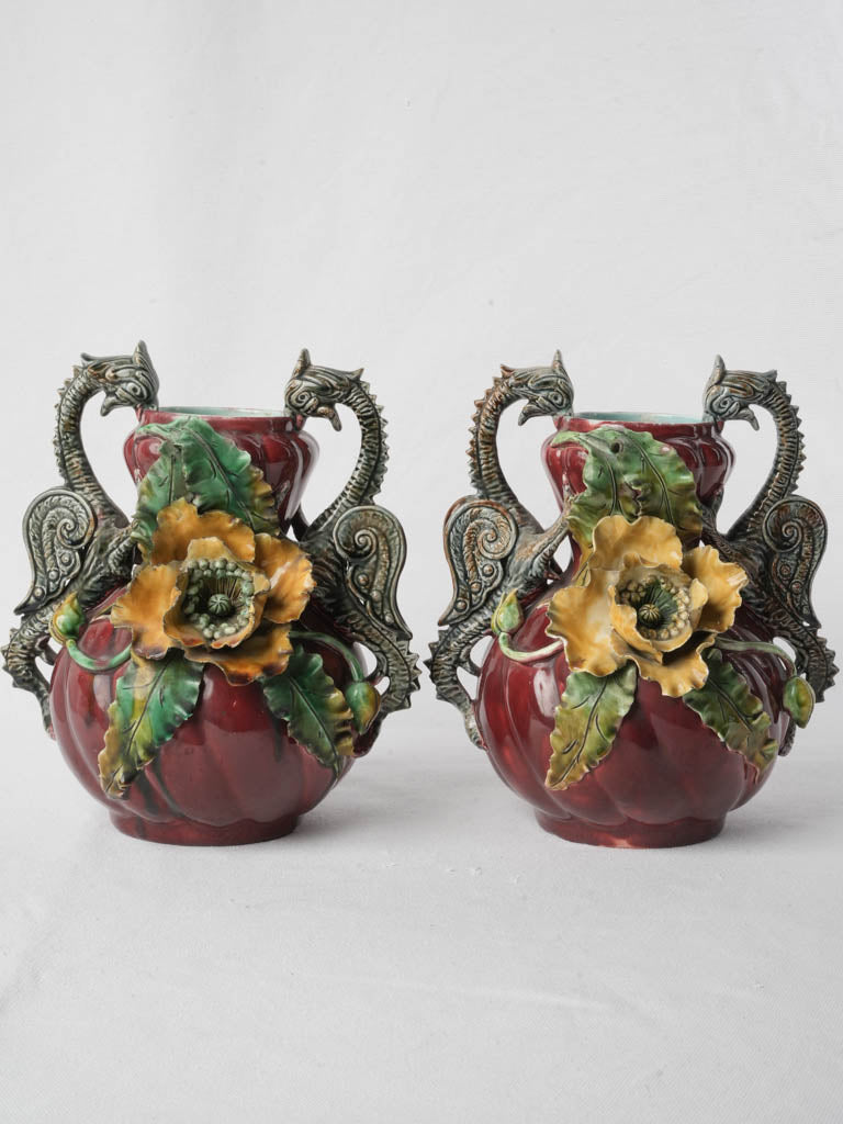 Striking Art Nouveau Pair Of Majolica Vases W/ Poppies and Dragon Handles Circa 1900 - 10¾"