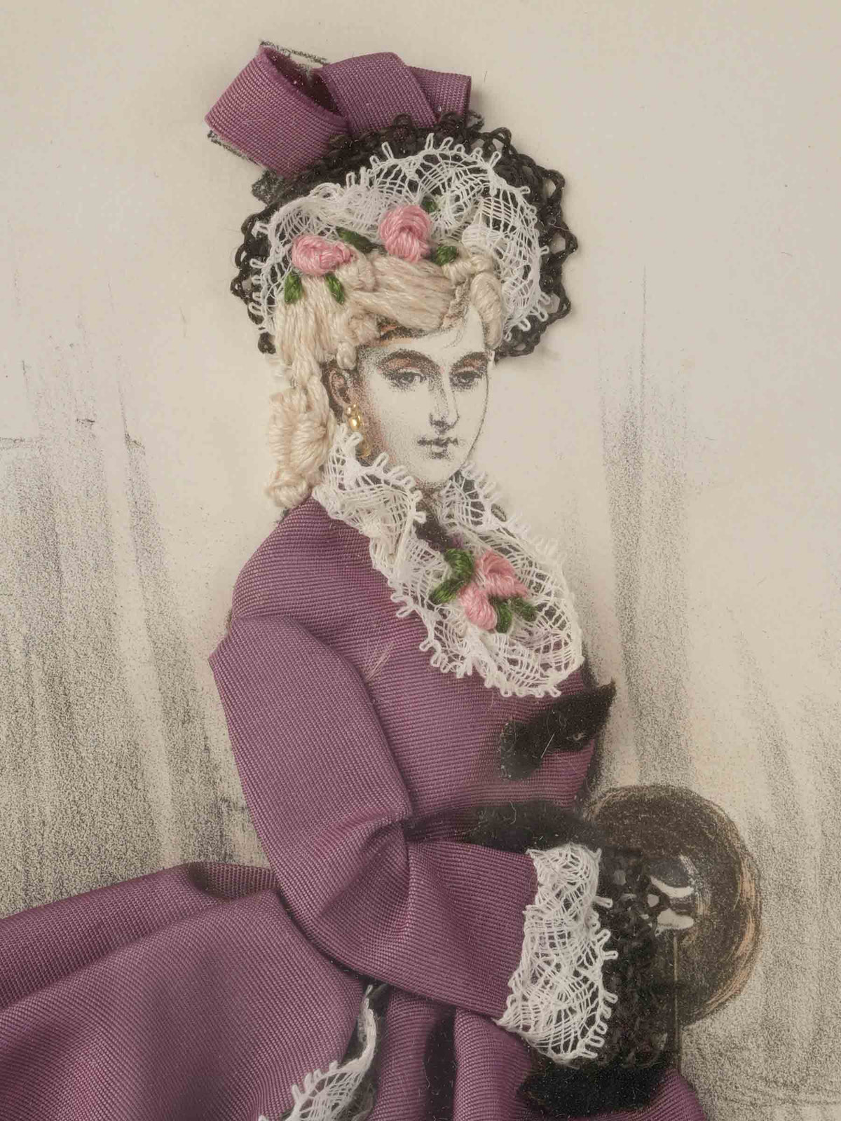 Late 19th-Century French Dressed Fashion Engraving of a Lady in Mauve - 15¾" x  12½"