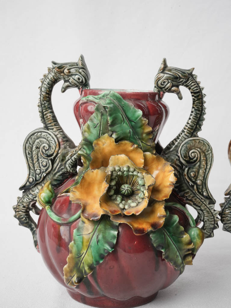 Striking Art Nouveau Pair Of Majolica Vases W/ Poppies and Dragon Handles Circa 1900 - 10¾"
