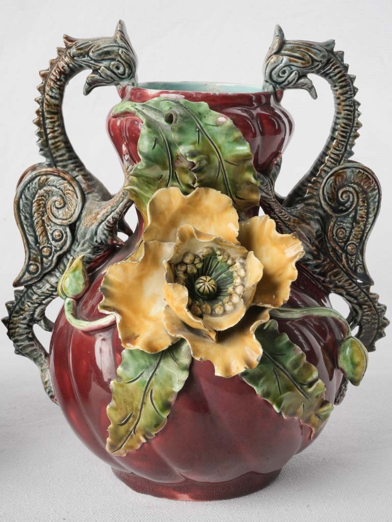 Striking Art Nouveau Pair Of Majolica Vases W/ Poppies and Dragon Handles Circa 1900 - 10¾"