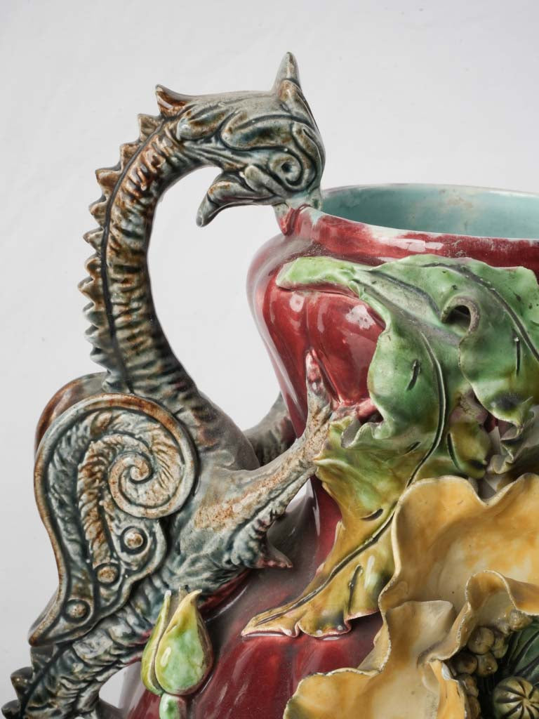 Striking Art Nouveau Pair Of Majolica Vases W/ Poppies and Dragon Handles Circa 1900 - 10¾"