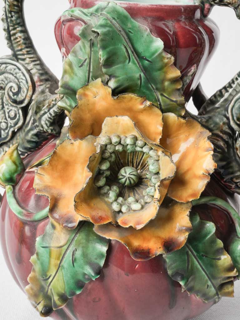 Striking Art Nouveau Pair Of Majolica Vases W/ Poppies and Dragon Handles Circa 1900 - 10¾"
