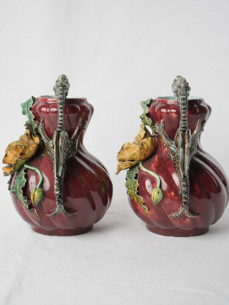 Striking Art Nouveau Pair Of Majolica Vases W/ Poppies and Dragon Handles Circa 1900 - 10¾"