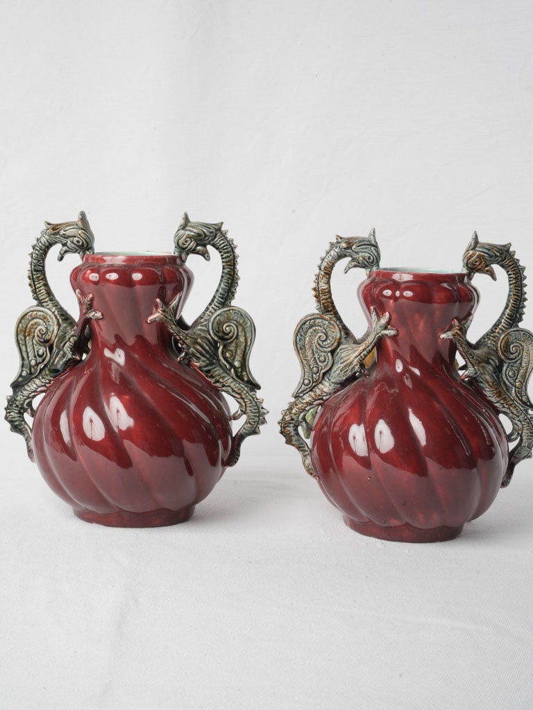 Striking Art Nouveau Pair Of Majolica Vases W/ Poppies and Dragon Handles Circa 1900 - 10¾"