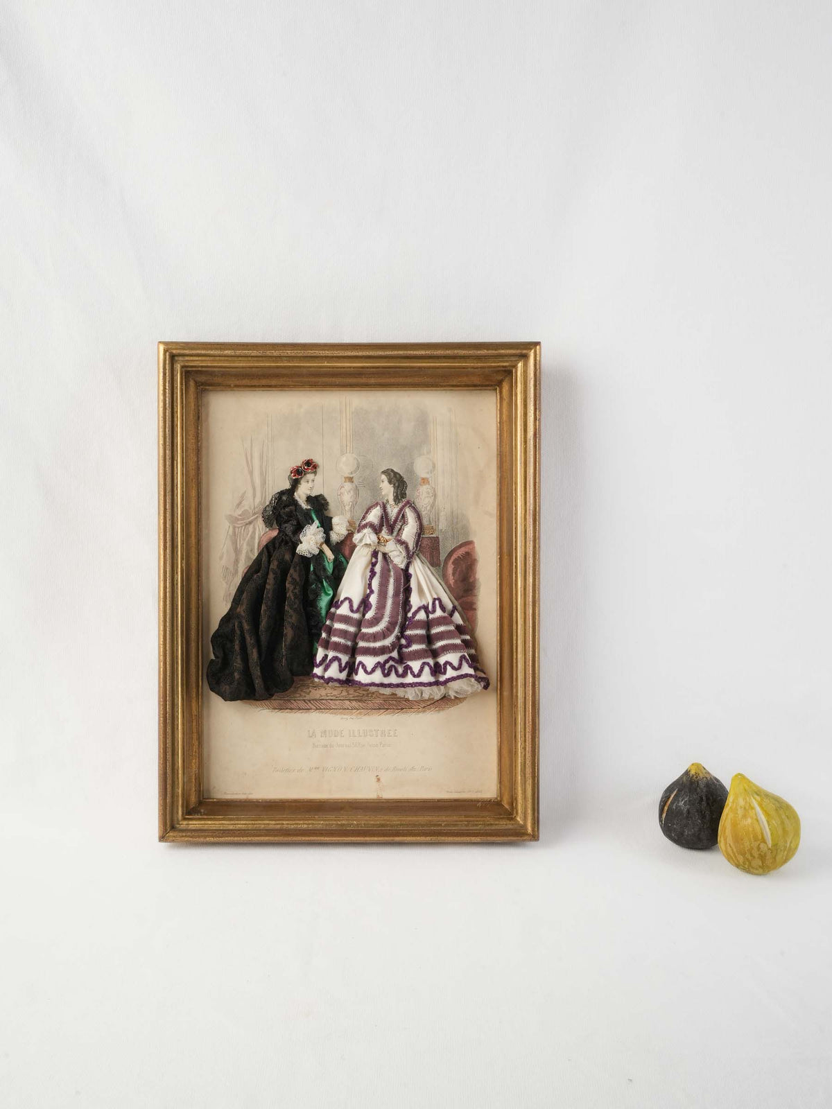 Late 19th-Century French Dressed Fashion Engraving of Two Ladies in Black and Mauve, La Mode Illustrée - 16¼" x  12¼"