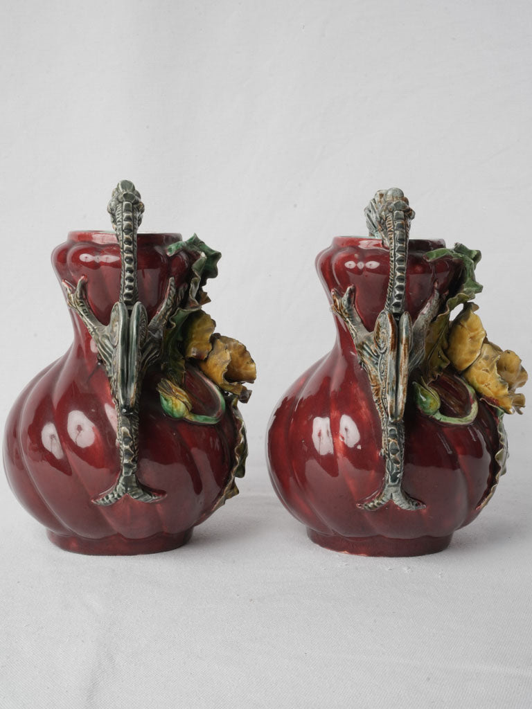 Striking Art Nouveau Pair Of Majolica Vases W/ Poppies and Dragon Handles Circa 1900 - 10¾"