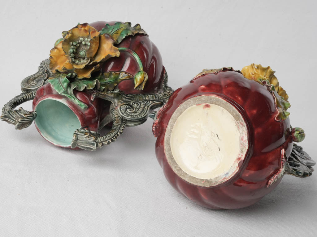 Striking Art Nouveau Pair Of Majolica Vases W/ Poppies and Dragon Handles Circa 1900 - 10¾"