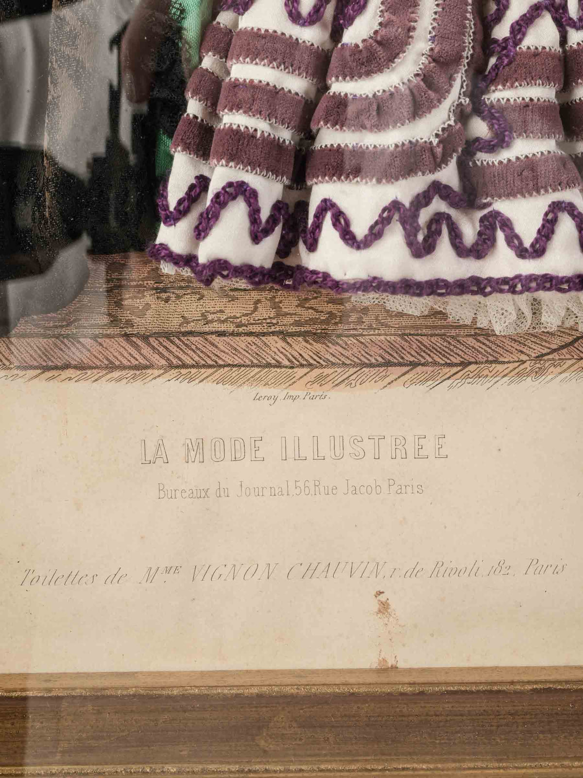 Late 19th-Century French Dressed Fashion Engraving of Two Ladies in Black and Mauve, La Mode Illustrée - 16¼" x  12¼"