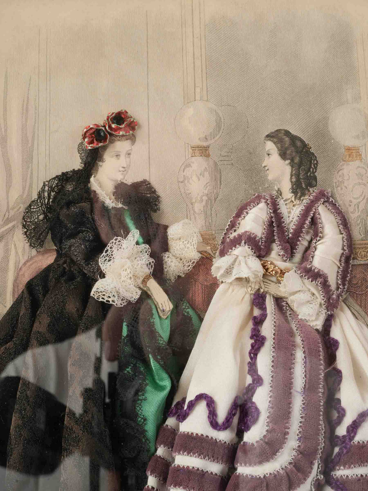 Late 19th-Century French Dressed Fashion Engraving of Two Ladies in Black and Mauve, La Mode Illustrée - 16¼" x  12¼"