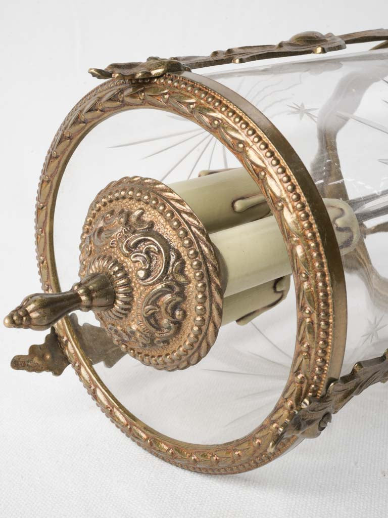 An Ornate Small French Cylindrical Gilt Bronze Hanging Lantern w/ Star Engraved Glass Early 20th Century - 16¼"