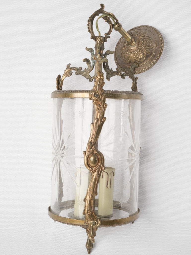 An Ornate Small French Cylindrical Gilt Bronze Hanging Lantern w/ Star Engraved Glass Early 20th Century - 16¼"