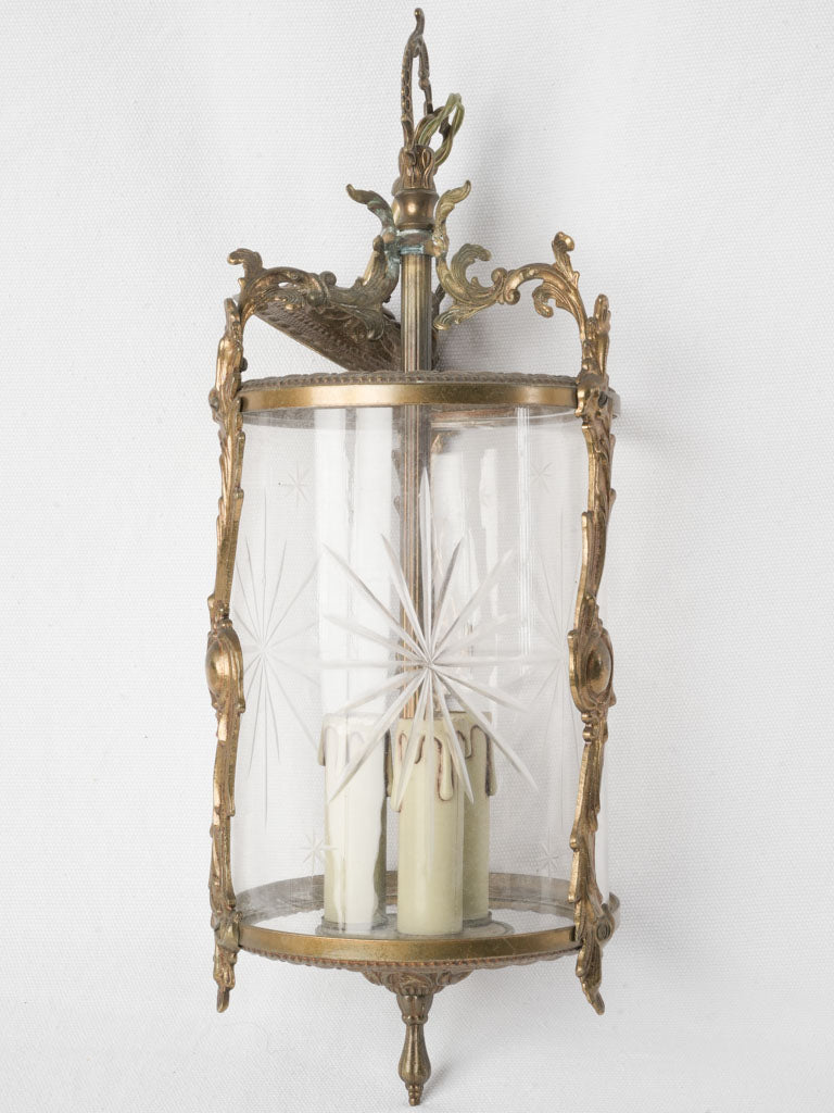 An Ornate Small French Cylindrical Gilt Bronze Hanging Lantern w/ Star Engraved Glass Early 20th Century - 16¼"