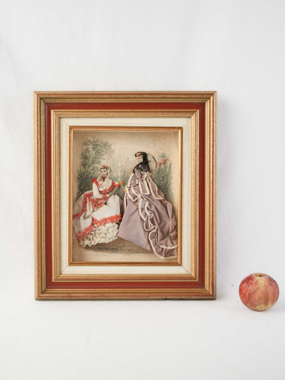 Antique Parisian Dressed Fashion Engraving of Two Ladies in a Garden - 16½" x 14½"