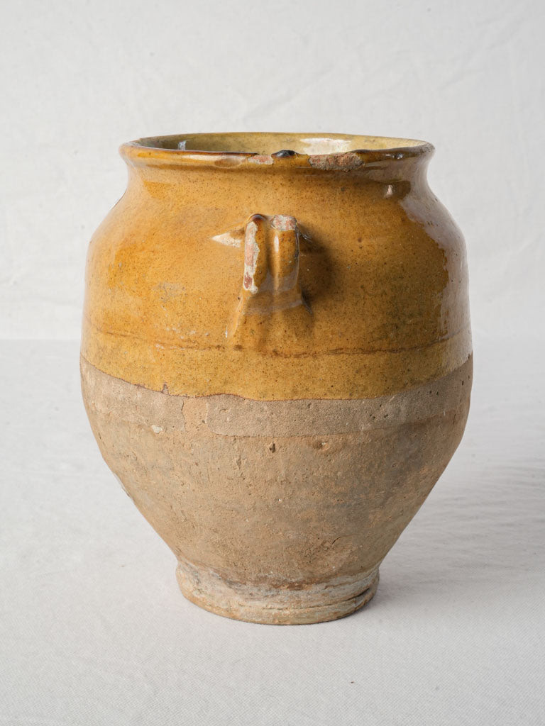 Small French Yellow-Glazed Terracotta Confit Pot w/ Kiln Drip - 9¾"