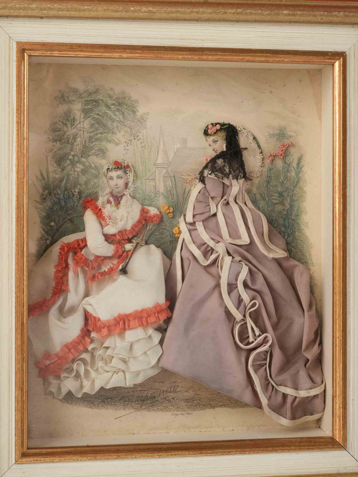Antique Parisian Dressed Fashion Engraving of Two Ladies in a Garden - 16½" x 14½"