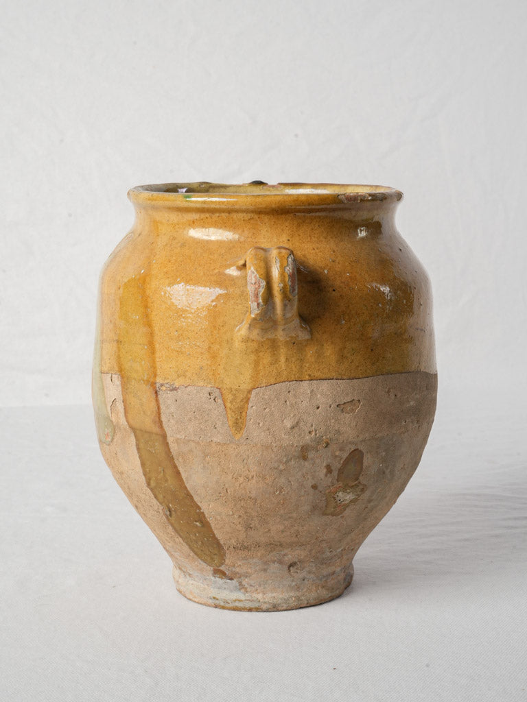 Small French Yellow-Glazed Terracotta Confit Pot w/ Kiln Drip - 9¾"