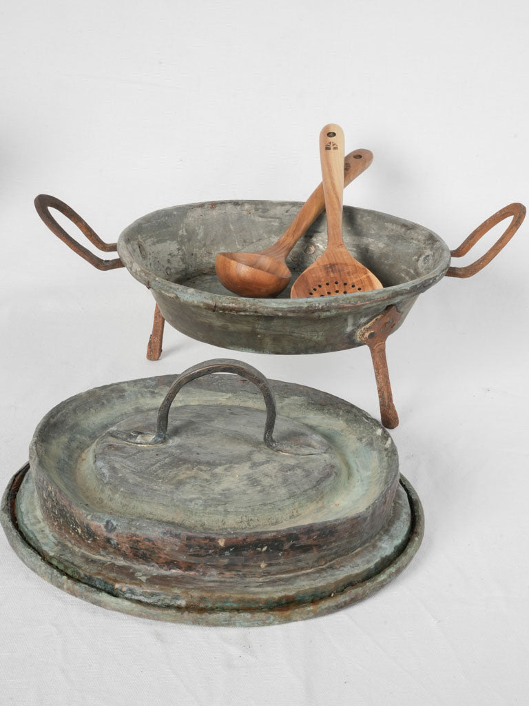 Aged, verdigris 19th-century cooking pot