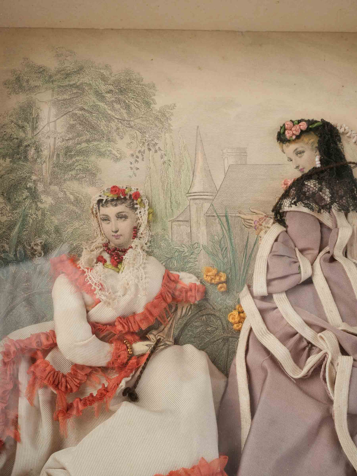Antique Parisian Dressed Fashion Engraving of Two Ladies in a Garden - 16½" x 14½"