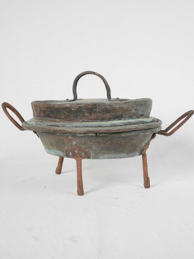 Aged, verdigris 19th-century cooking pot