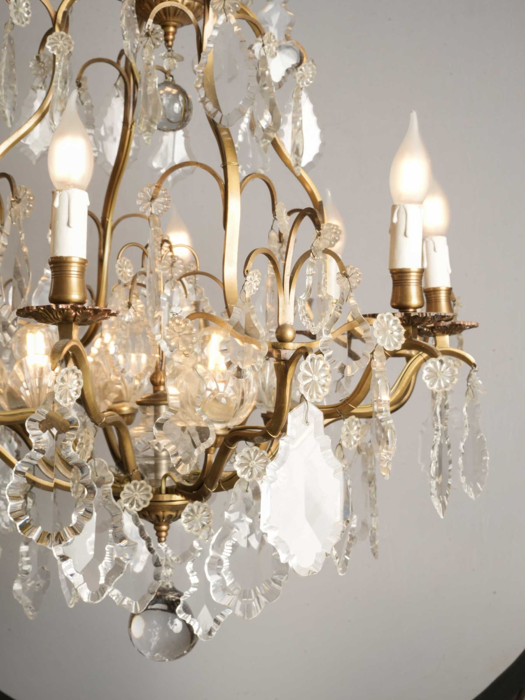 Near Pair of French Gilt Bronze and Cut Crystal Cage Chandeliers, c. 1950 - 46½"