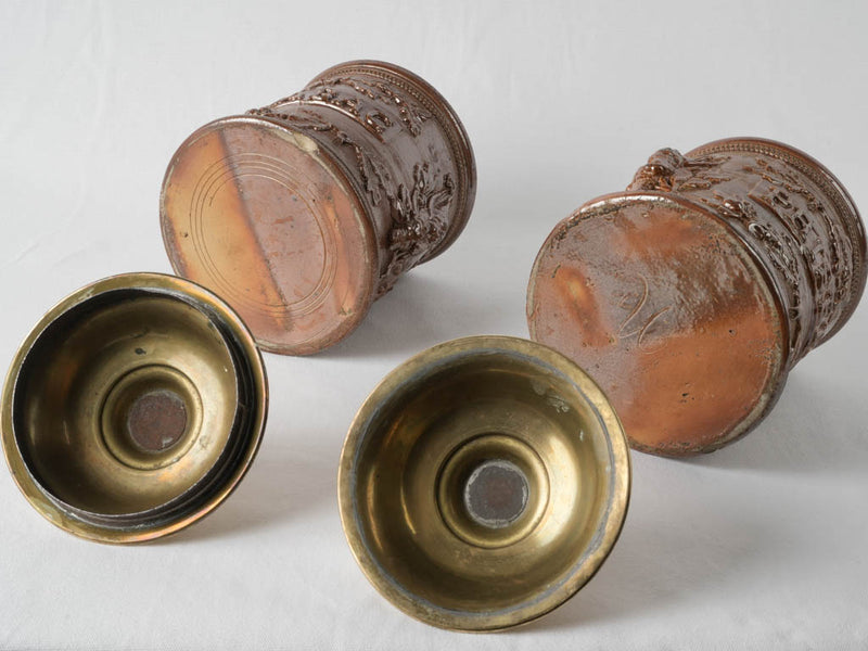 Aged brown stoneware tobacco jars