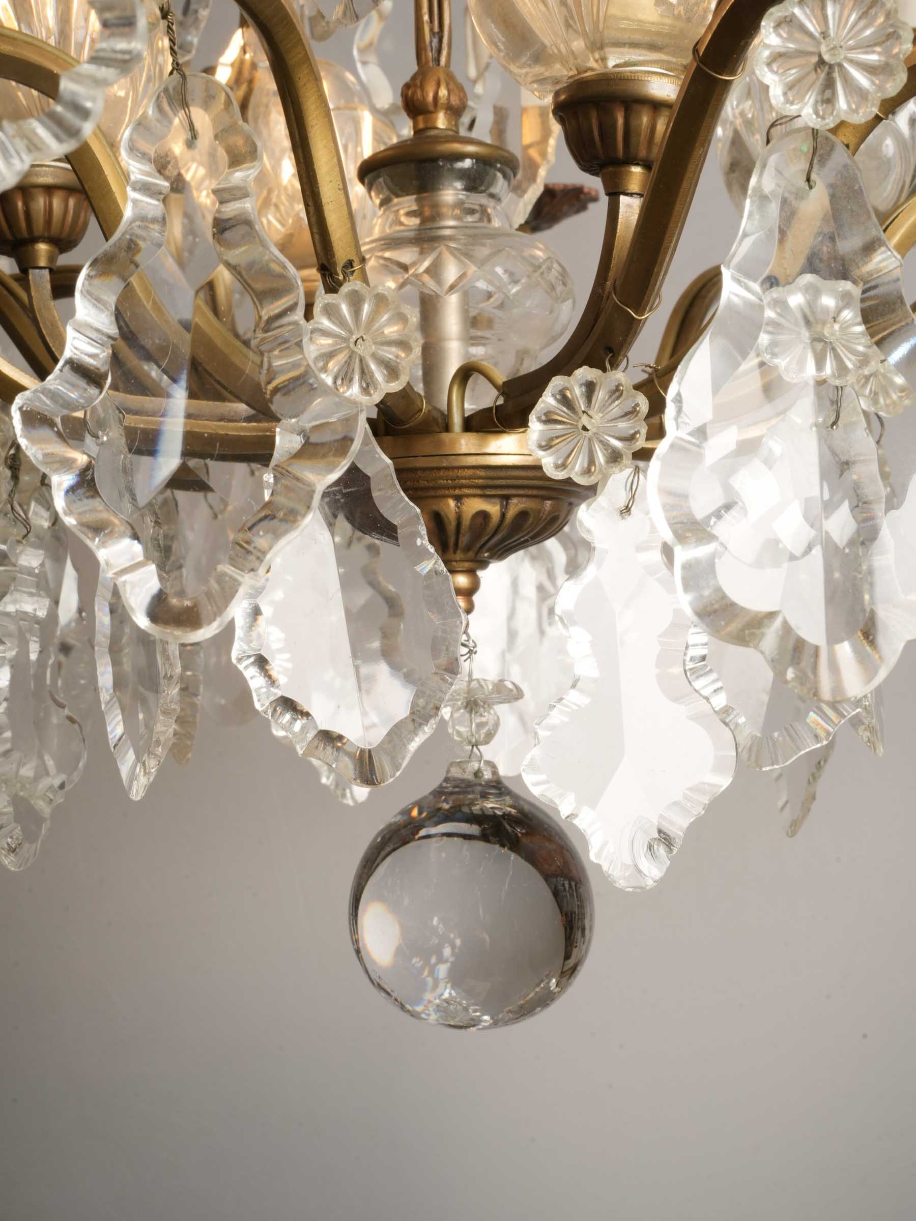 Near Pair of French Gilt Bronze and Cut Crystal Cage Chandeliers, c. 1950 - 46½"