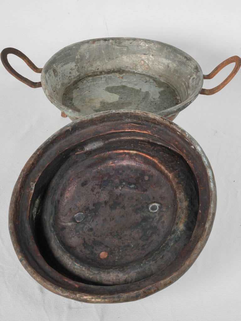 Aged, verdigris 19th-century cooking pot