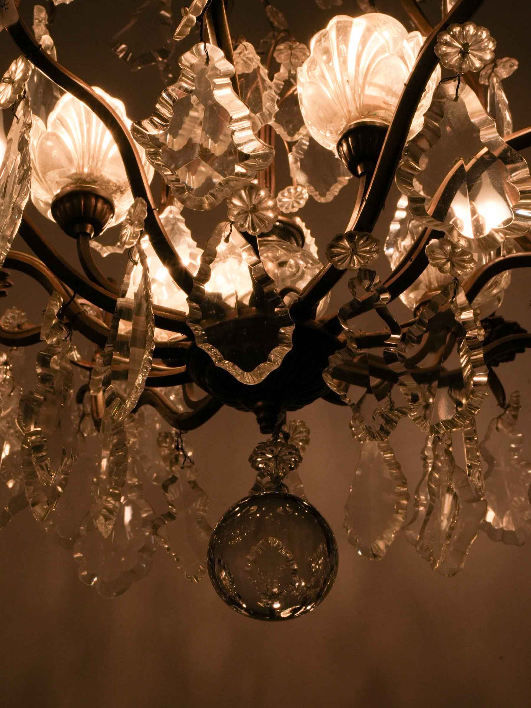 Near Pair of French Gilt Bronze and Cut Crystal Cage Chandeliers, c. 1950 - 46½"