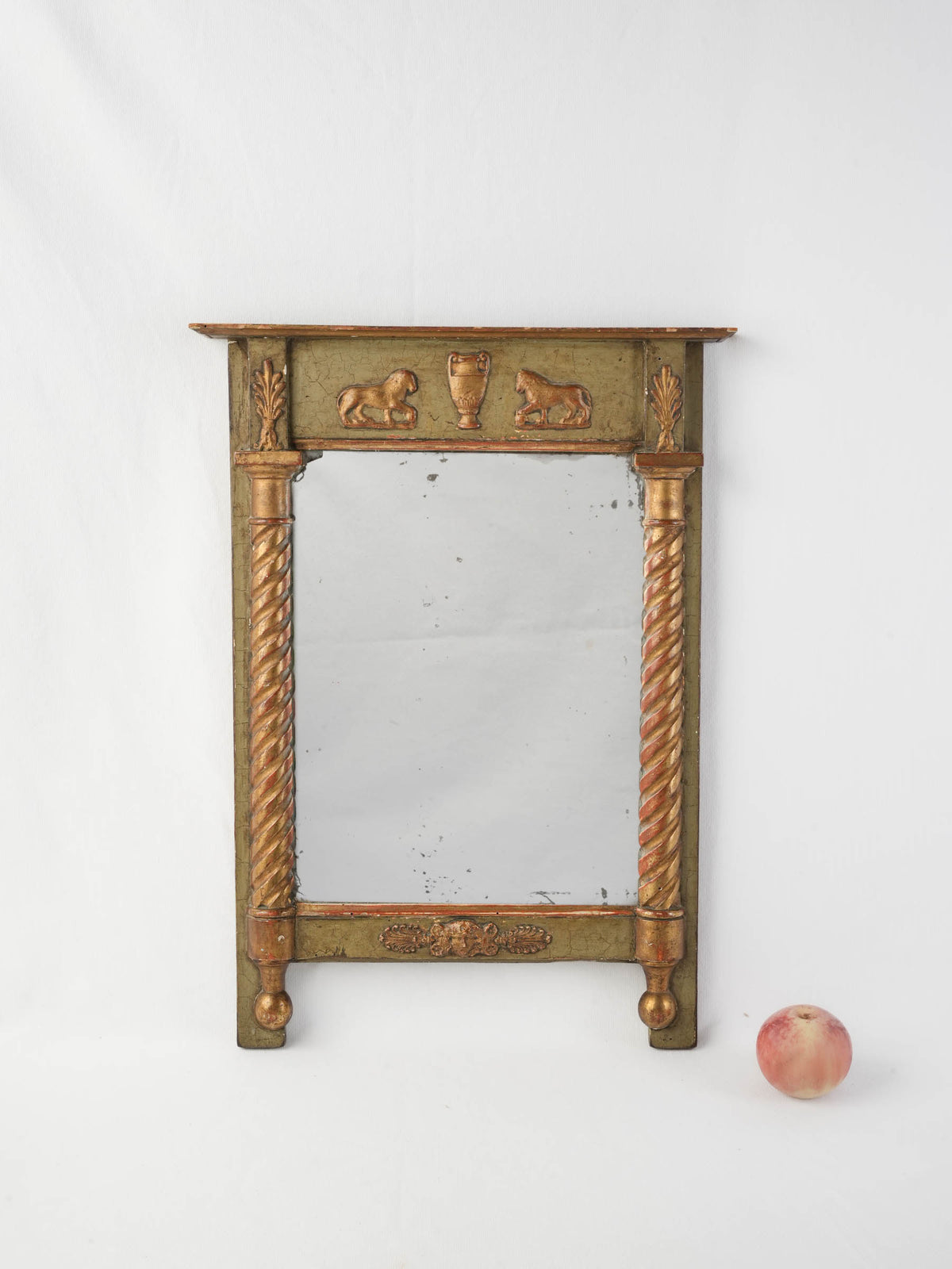 Petite French Neoclassical Mirror in Olive-Green Paint and Giltwood - 23¾" x 17"