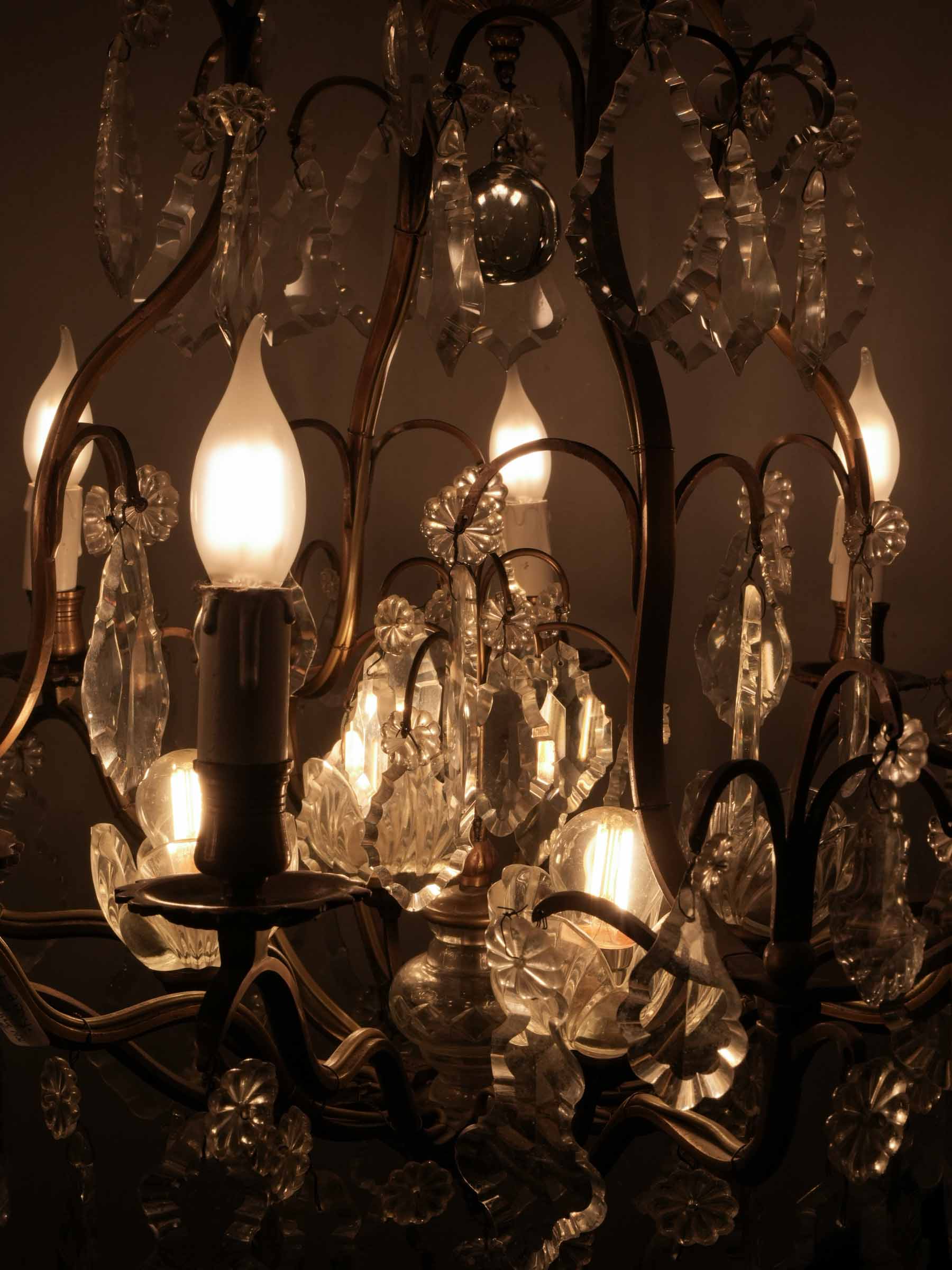 Near Pair of French Gilt Bronze and Cut Crystal Cage Chandeliers, c. 1950 - 46½"