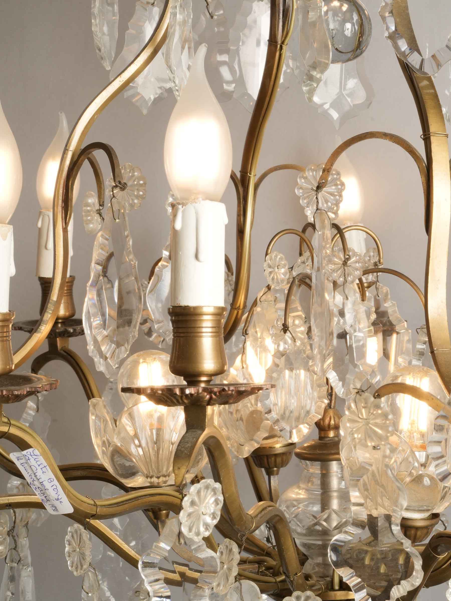 Near Pair of French Gilt Bronze and Cut Crystal Cage Chandeliers, c. 1950 - 46½"