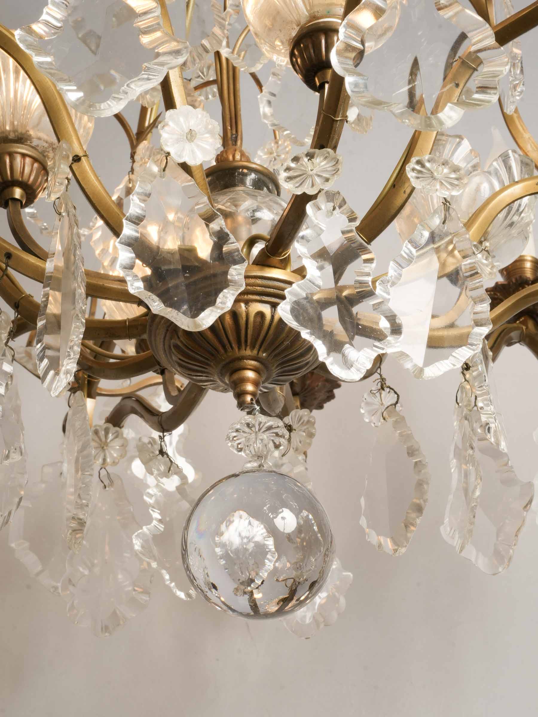 Near Pair of French Gilt Bronze and Cut Crystal Cage Chandeliers, c. 1950 - 46½"