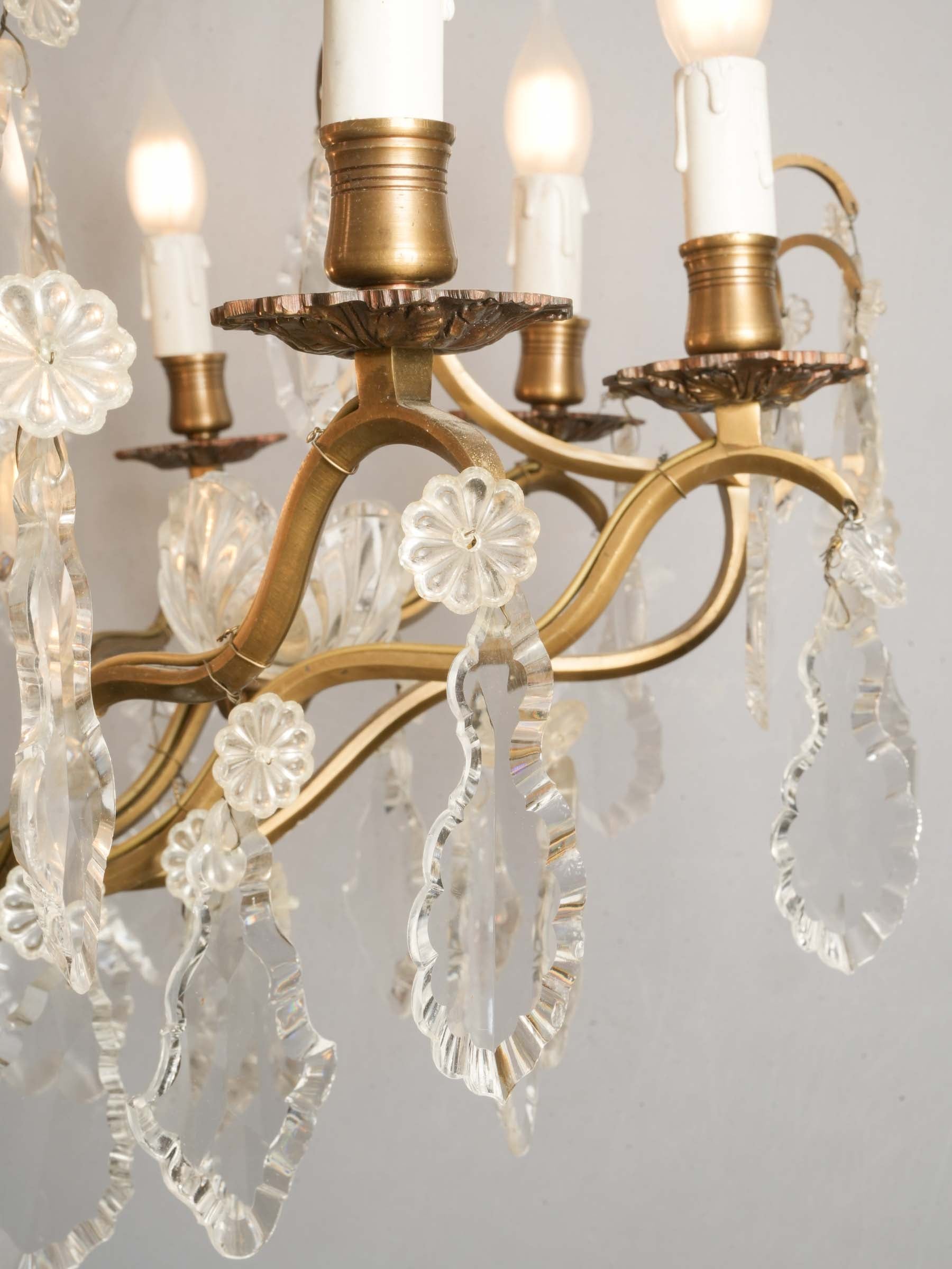 Near Pair of French Gilt Bronze and Cut Crystal Cage Chandeliers, c. 1950 - 46½"