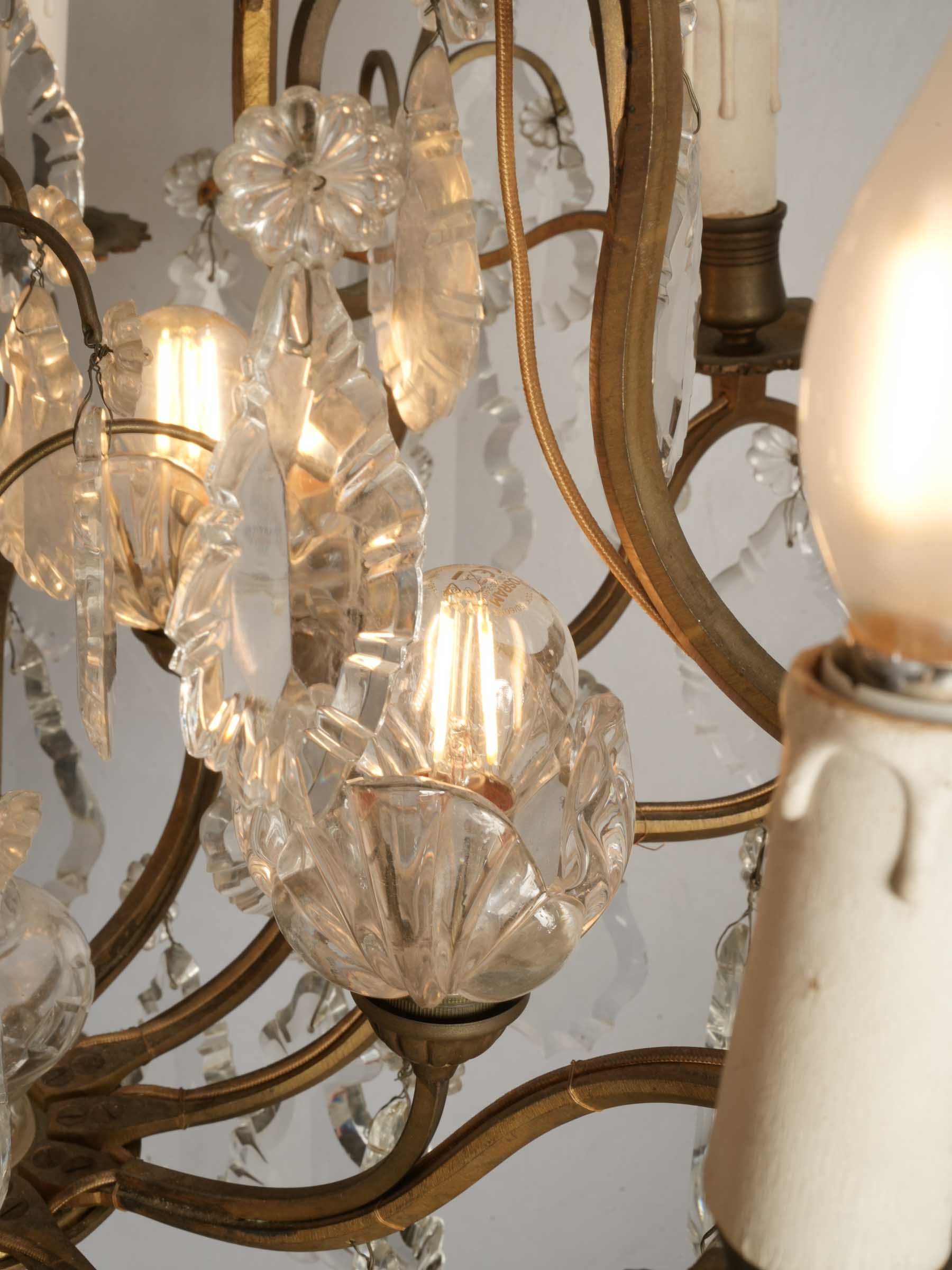 Near Pair of French Gilt Bronze and Cut Crystal Cage Chandeliers, c. 1950 - 46½"