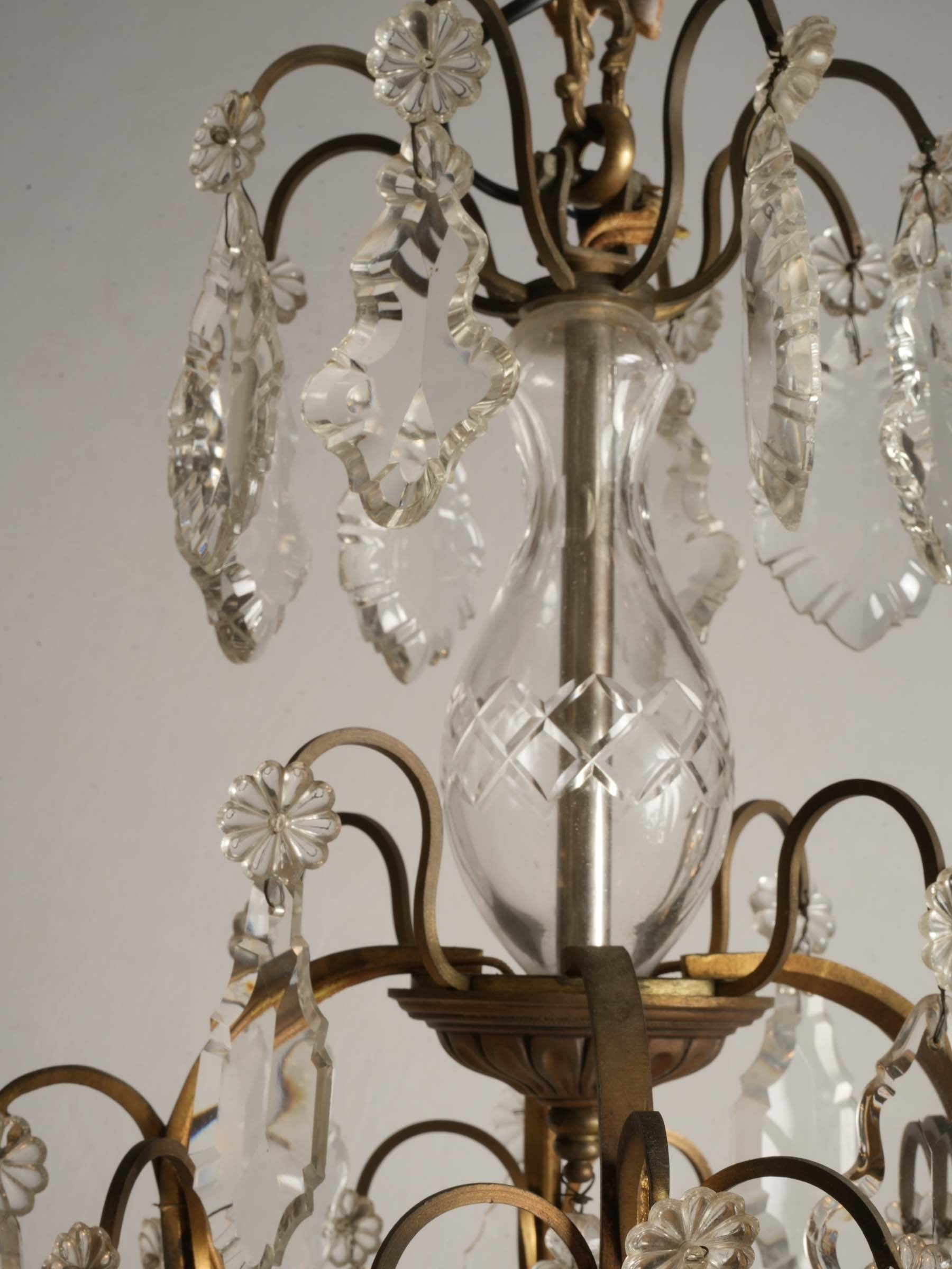 Near Pair of French Gilt Bronze and Cut Crystal Cage Chandeliers, c. 1950 - 46½"