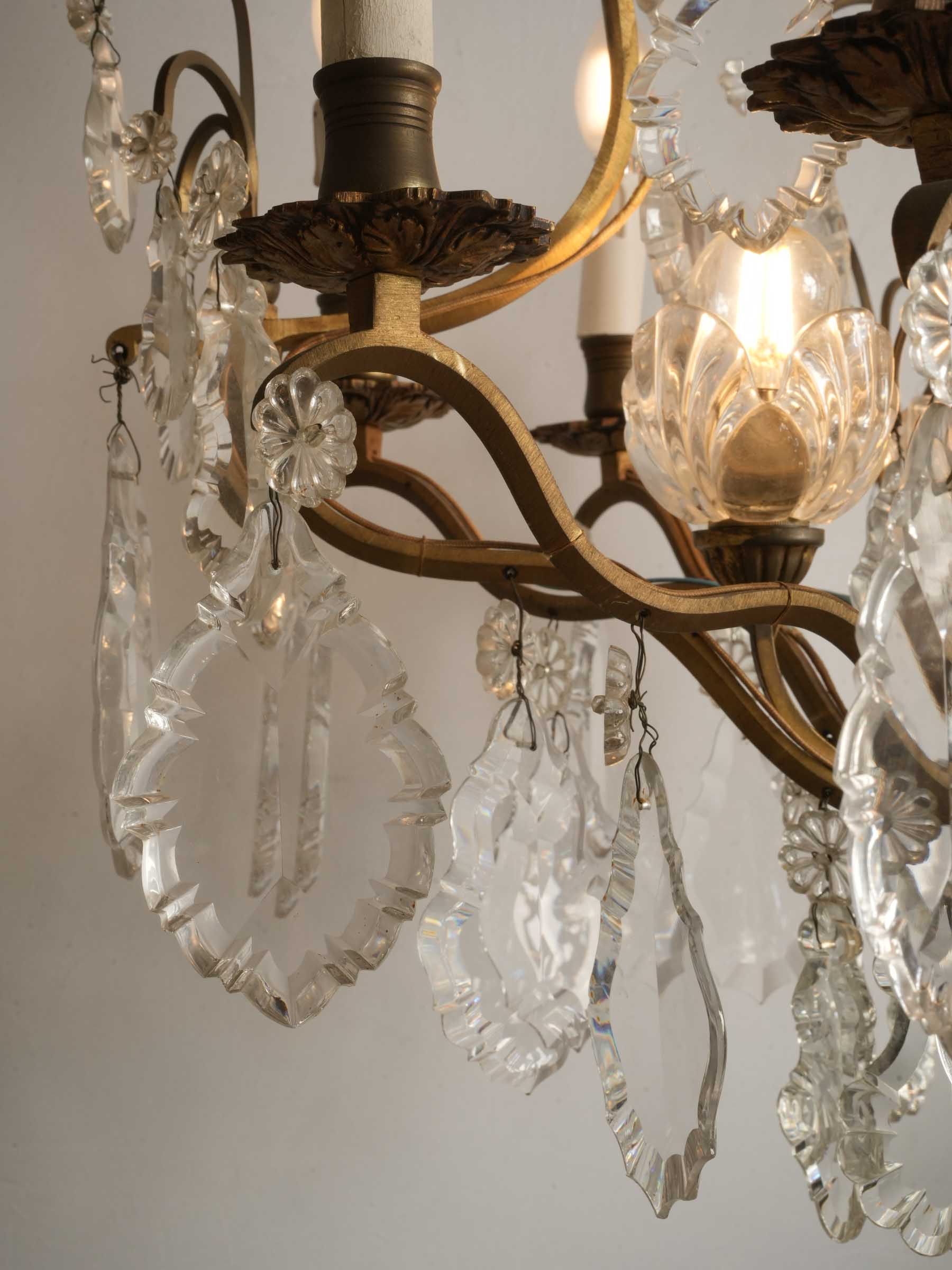 Near Pair of French Gilt Bronze and Cut Crystal Cage Chandeliers, c. 1950 - 46½"