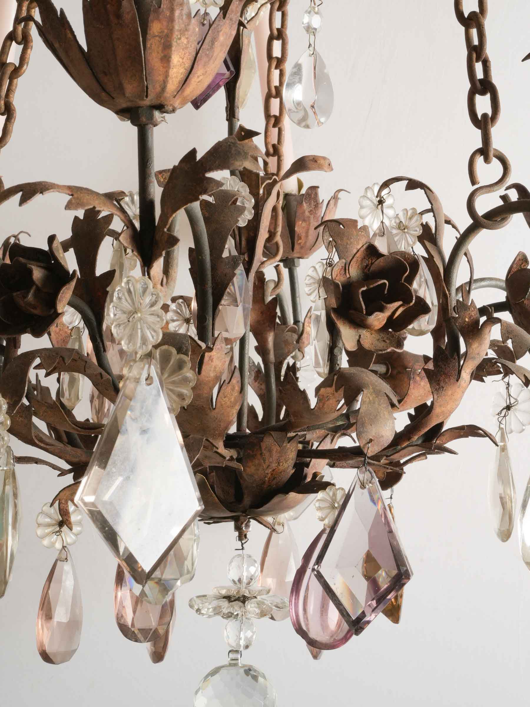 Antique French Gilt Tôle Candle Chandelier with Colored Crystal Pendants, Late 18th Century - 52"