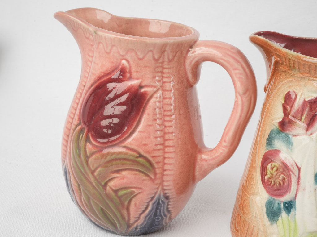 Set of Five Early 20th Century French Art Nouveau Majolica Pitchers