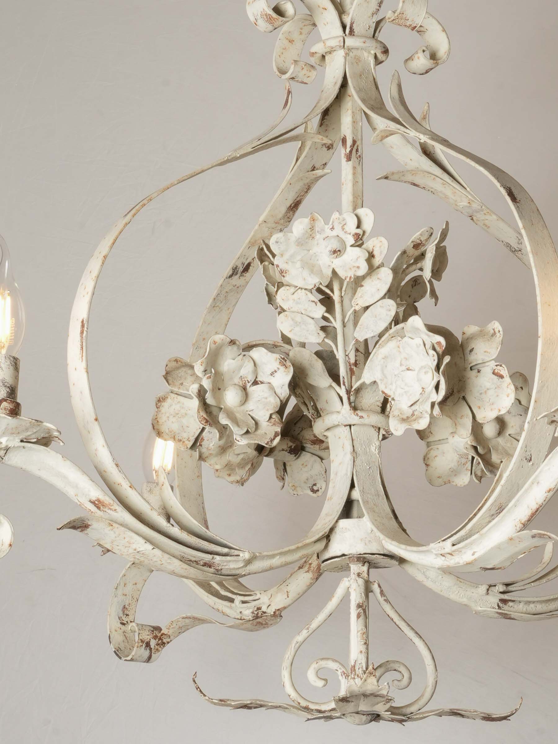 Graceful French Four-Light Chandelier w/ Floral Bouquet in Painted Iron, c. 1900 35¾"