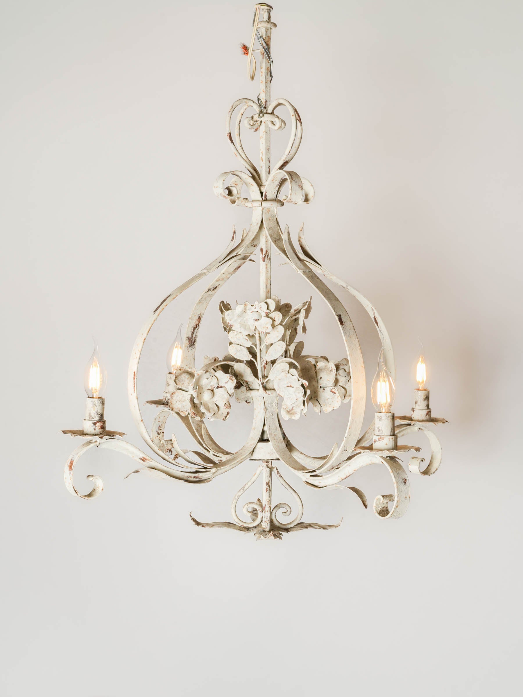 Graceful French Four-Light Chandelier w/ Floral Bouquet in Painted Iron, c. 1900 35¾"
