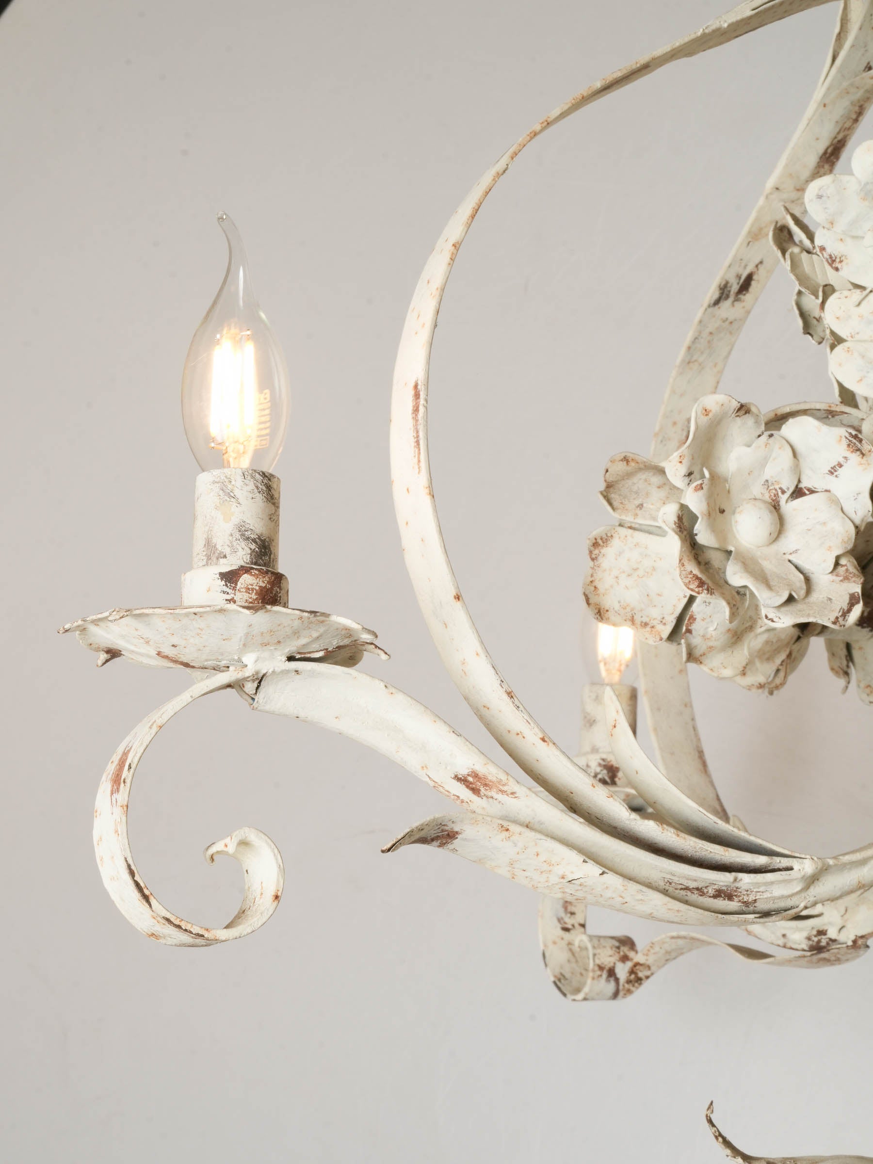 Graceful French Four-Light Chandelier w/ Floral Bouquet in Painted Iron, c. 1900 35¾"
