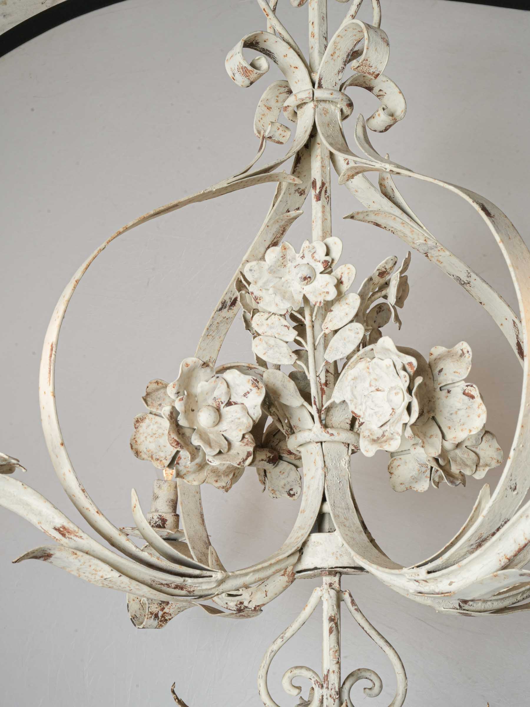 Graceful French Four-Light Chandelier w/ Floral Bouquet in Painted Iron, c. 1900 35¾"