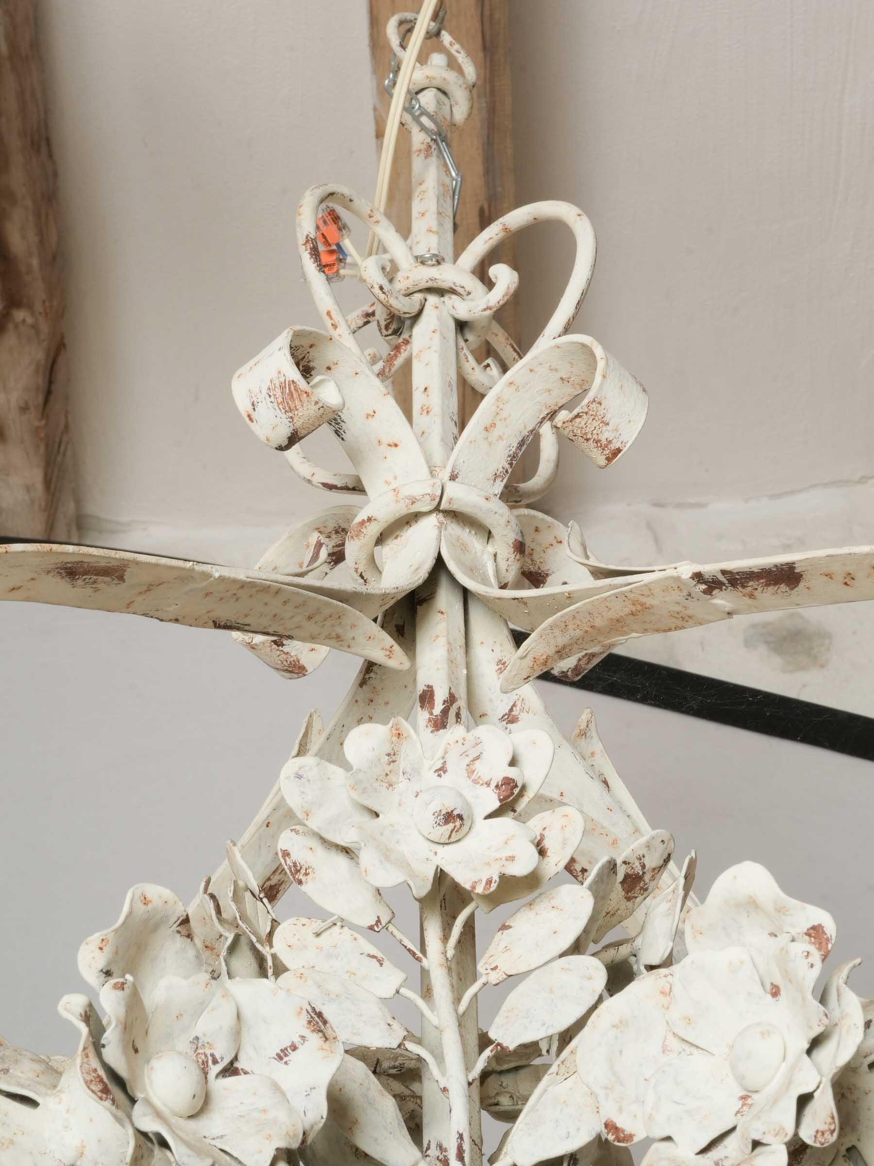 Graceful French Four-Light Chandelier w/ Floral Bouquet in Painted Iron, c. 1900 35¾"