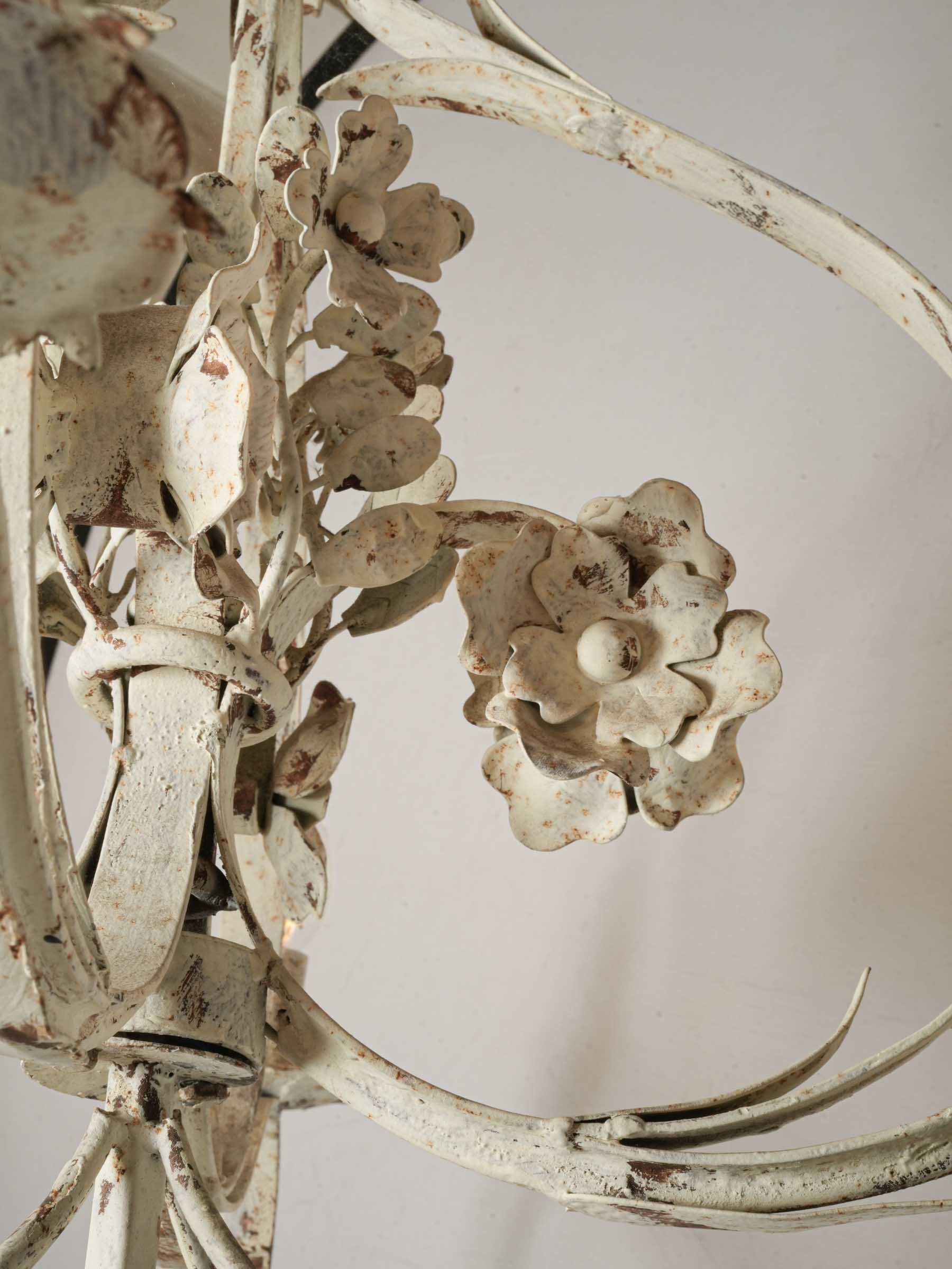Graceful French Four-Light Chandelier w/ Floral Bouquet in Painted Iron, c. 1900 35¾"