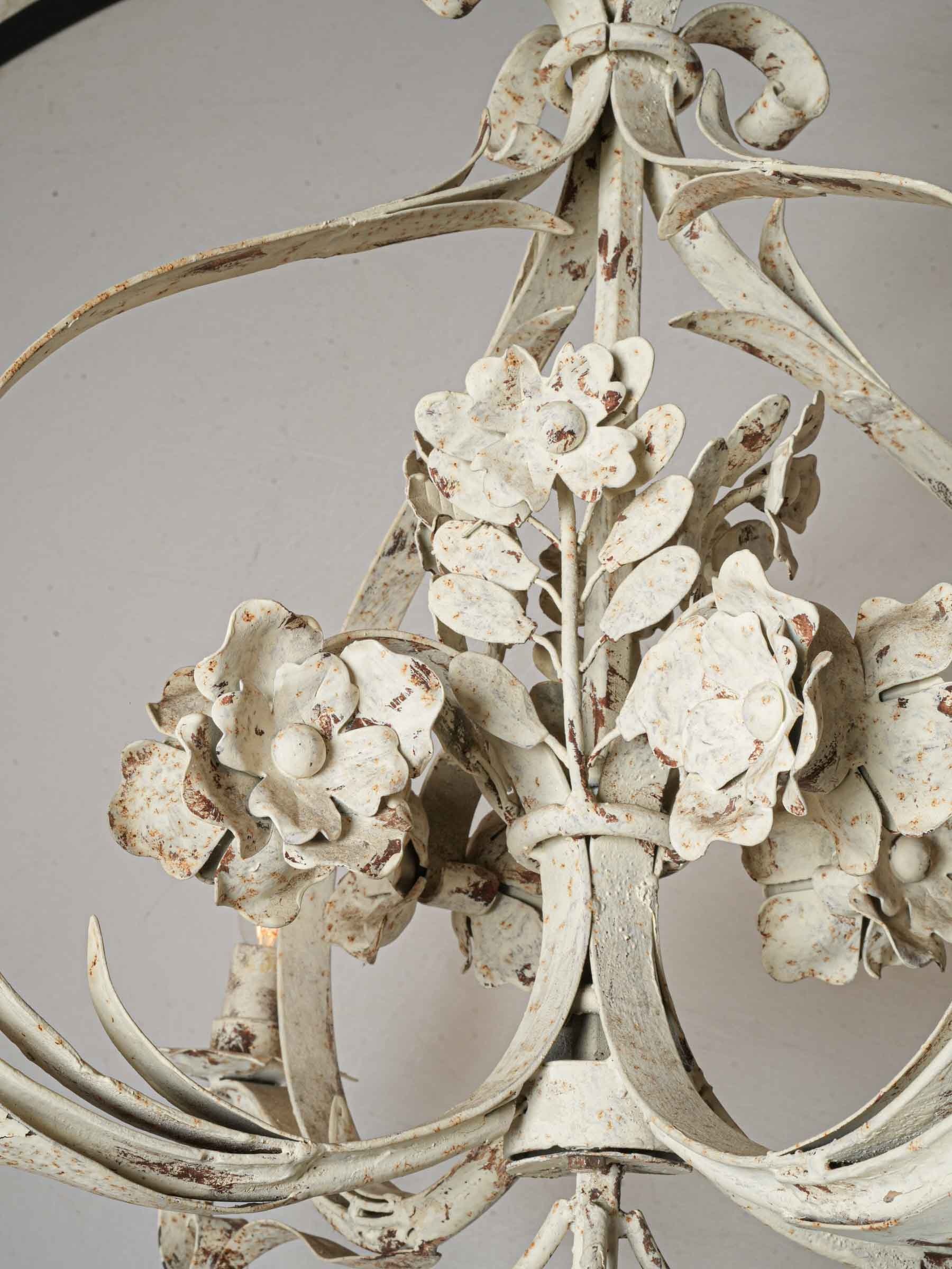 Graceful French Four-Light Chandelier w/ Floral Bouquet in Painted Iron, c. 1900 35¾"