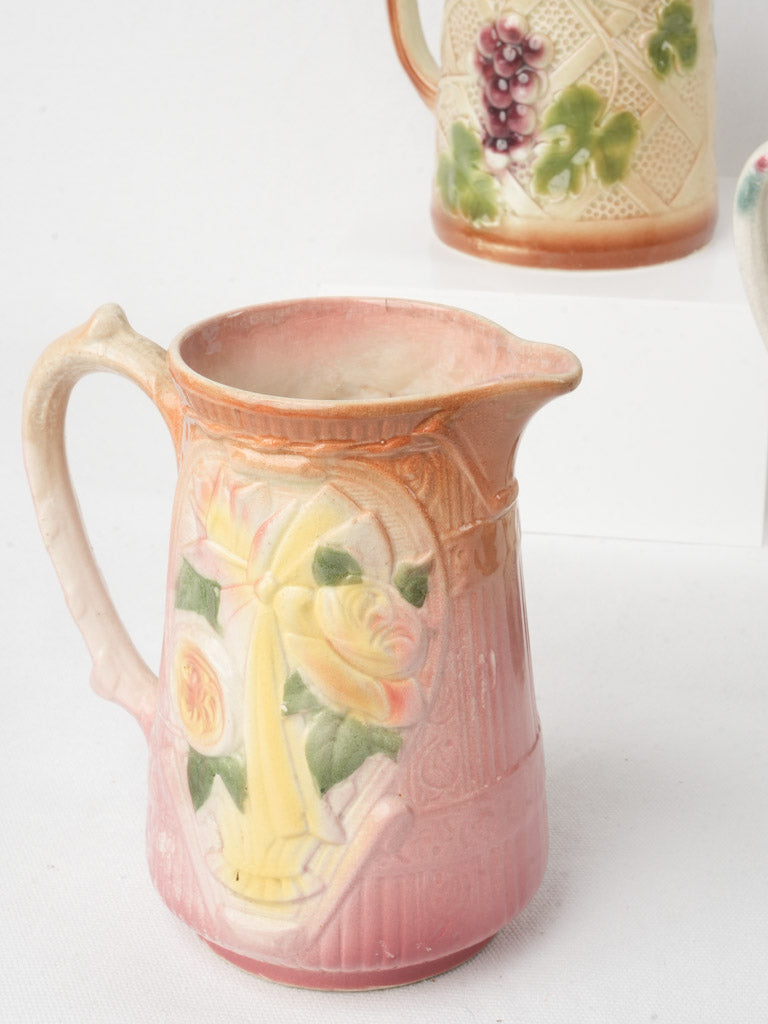 Set of Six Early 20th Century French Art Nouveau Majolica Pitchers